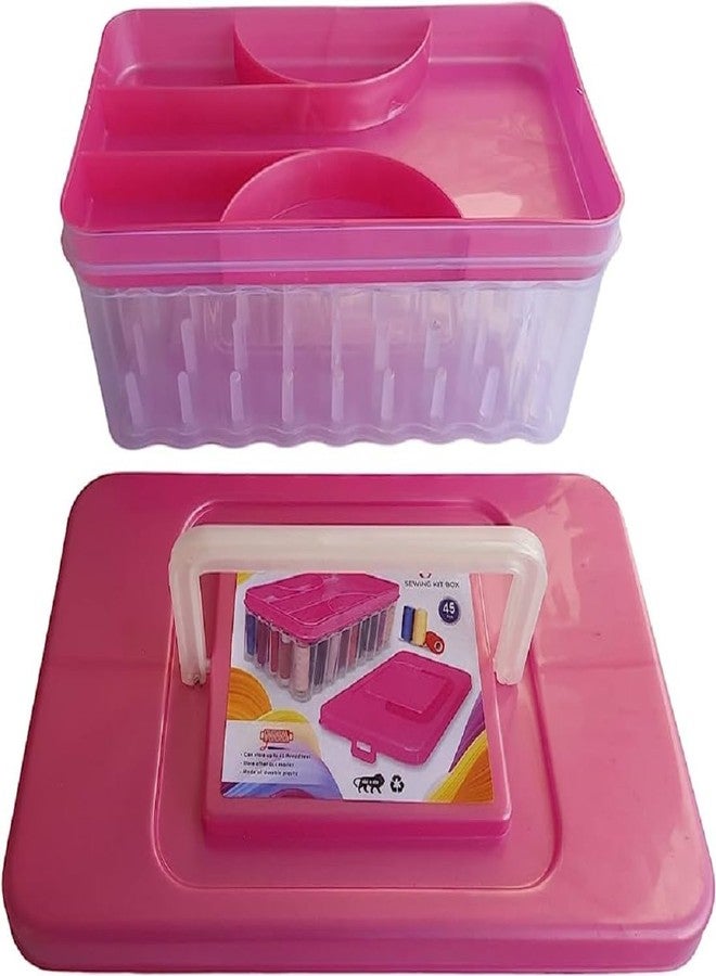 DAIDSUKE® Pink 90 Degree 45 Reels Sewing Supplies Organizer Rectangular Empty Plastic Tailoring Accessories Box With Free 27 Needle Set Thread Button Storage Needle 45 Spools Tailor Use Empty Big Box ( Pink ) - Image 2